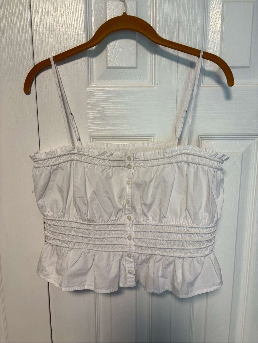 Madewell White Ruffle Button-Front Smocked Crop Top